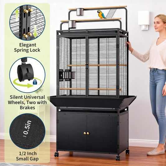 HImiss Corner Bird Cage Play Top And Rolling Storage Cabinet