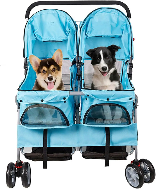 Foldable Twin Pet Stroller for Dogs and Cats Travel