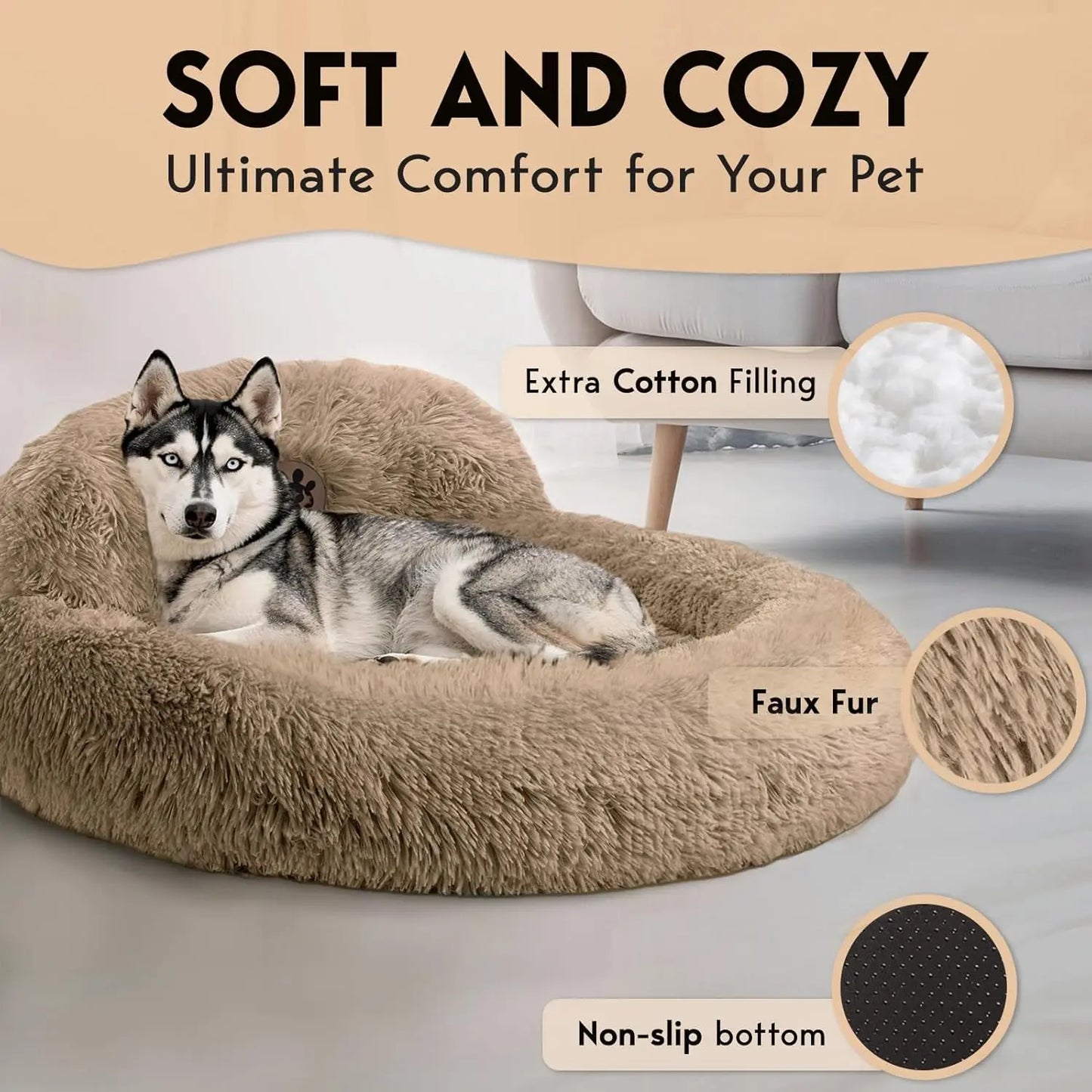 Calming Donut Dog Bed With Anti Slip Premium Faux Fur
