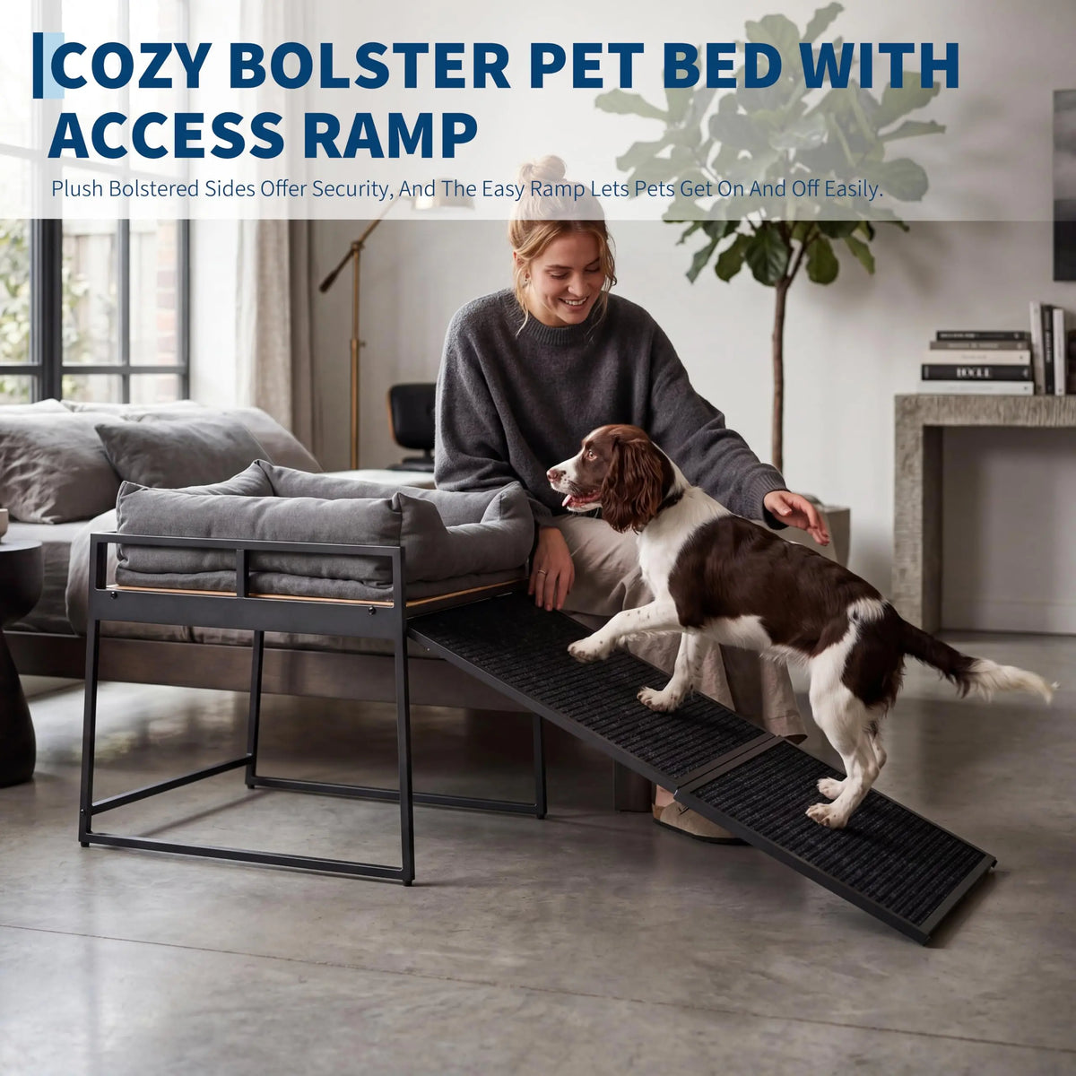 Elevated Dog Bed Platform With Non Slip Ramp And Bolster