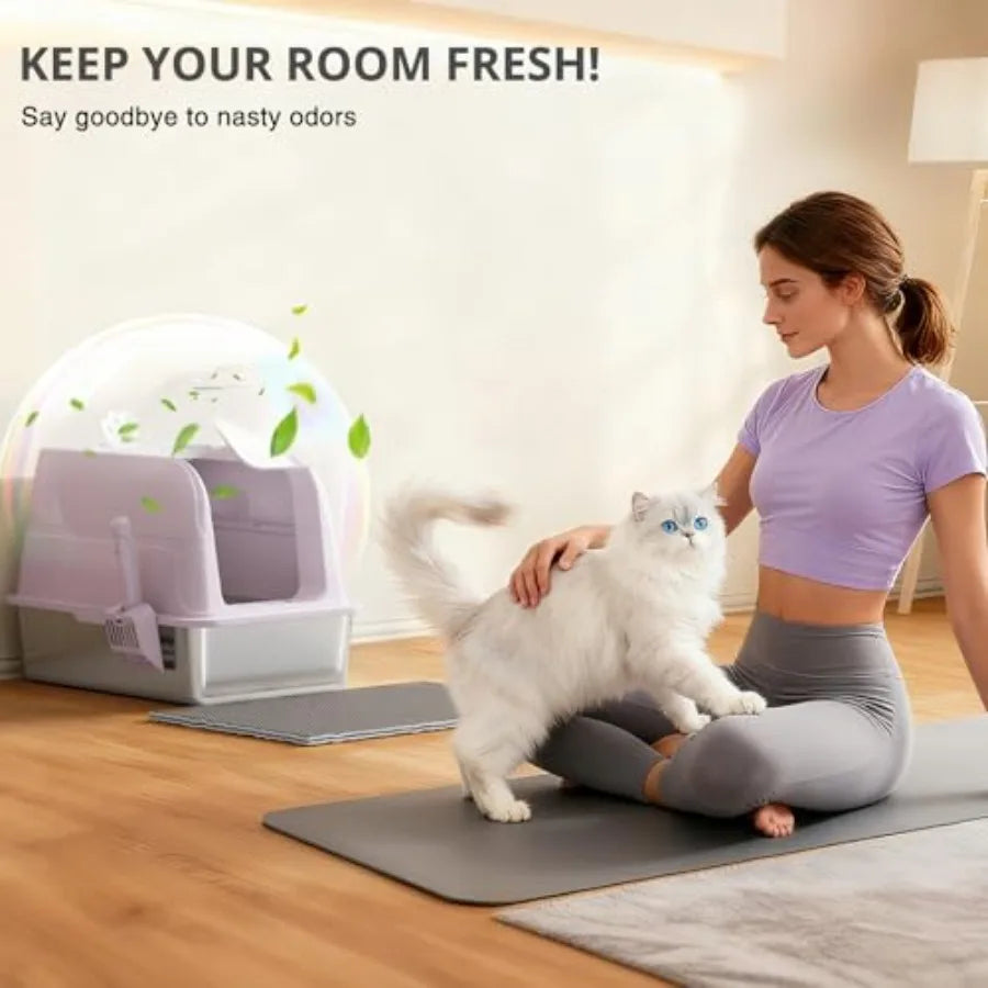 Enclosed High Sided Cat Litter Box With Lid Odor Control