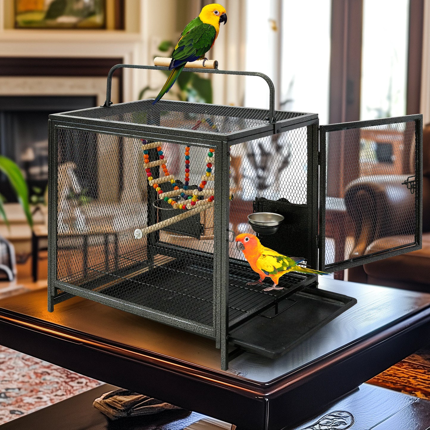 Wrought Iron Parrot Travel Carrier Cage With Handle And Wooden Perch Seed Guard