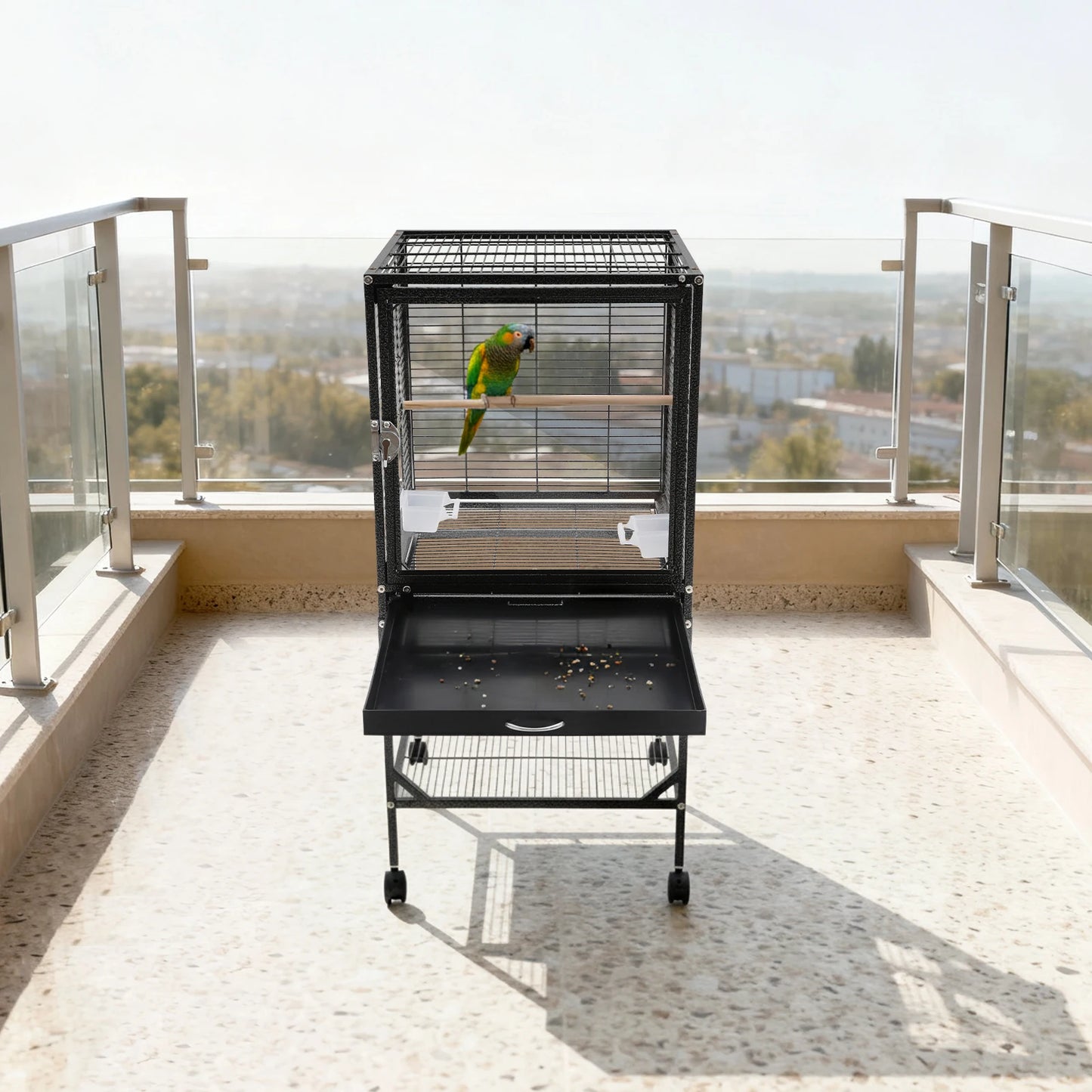 Wrought Iron Bird Flight Cage With Rolling Stand For Parrots