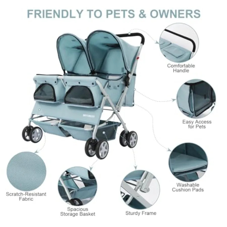 Double Pet Stroller For Two Dogs And Cats With Leashes