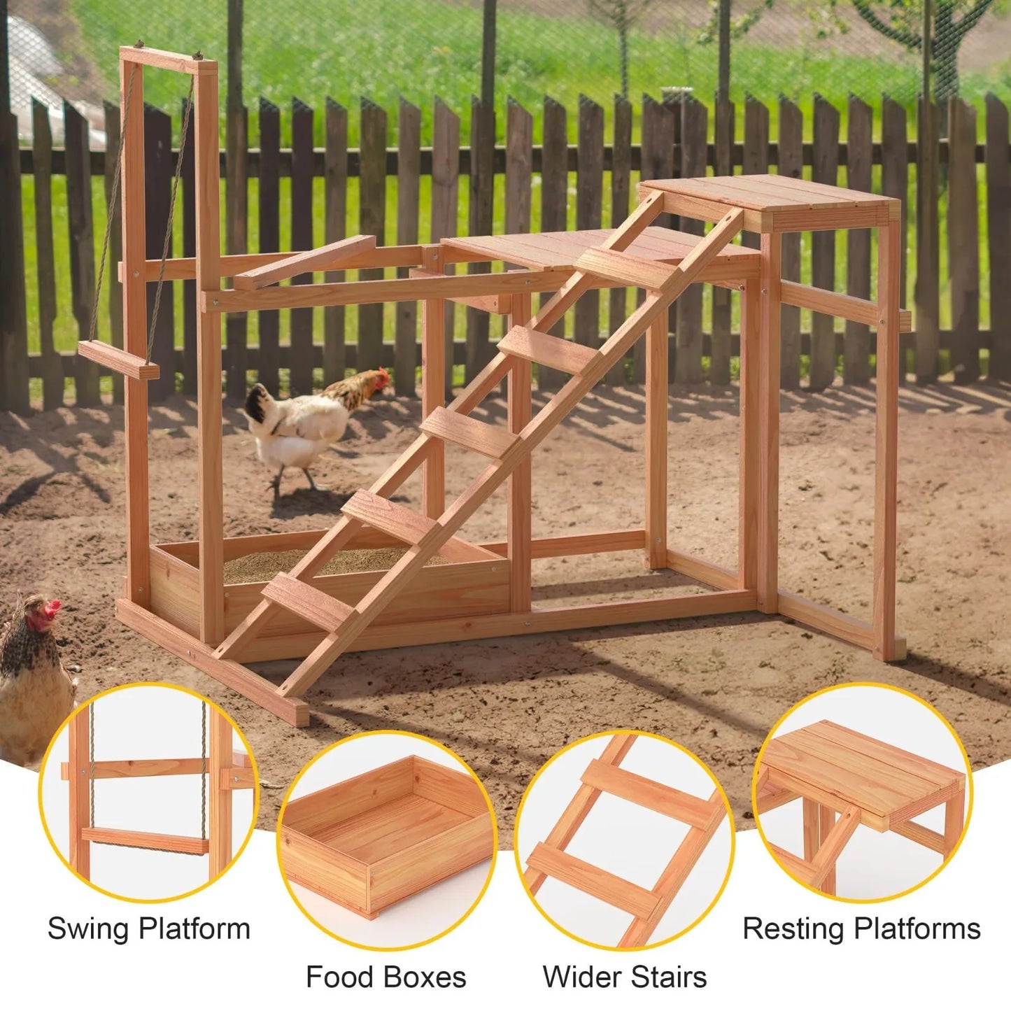 Wooden Chicken Roost and Perch Play Set with Swing Toy