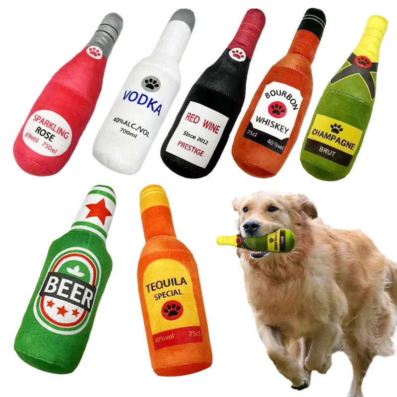 Dog Plush Chew Toys Squeak Beer Bottle Shaped Interactive Toy
