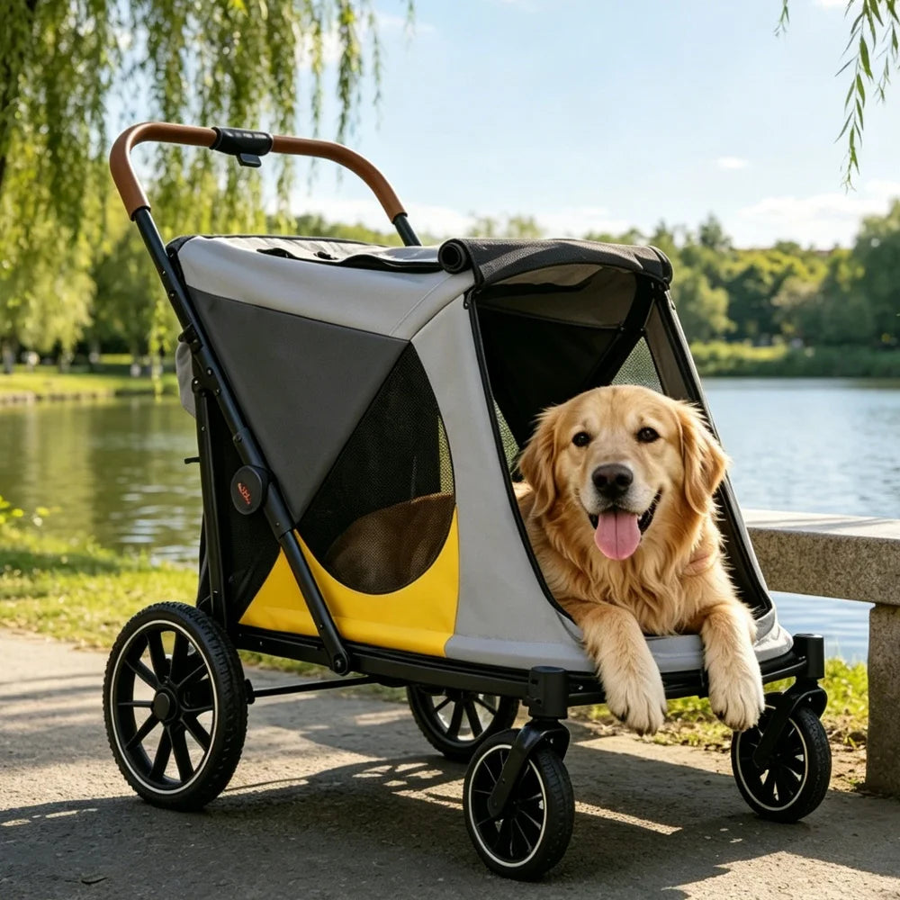 Foldable Pet Stroller For Dogs And Cats With Four Wheels