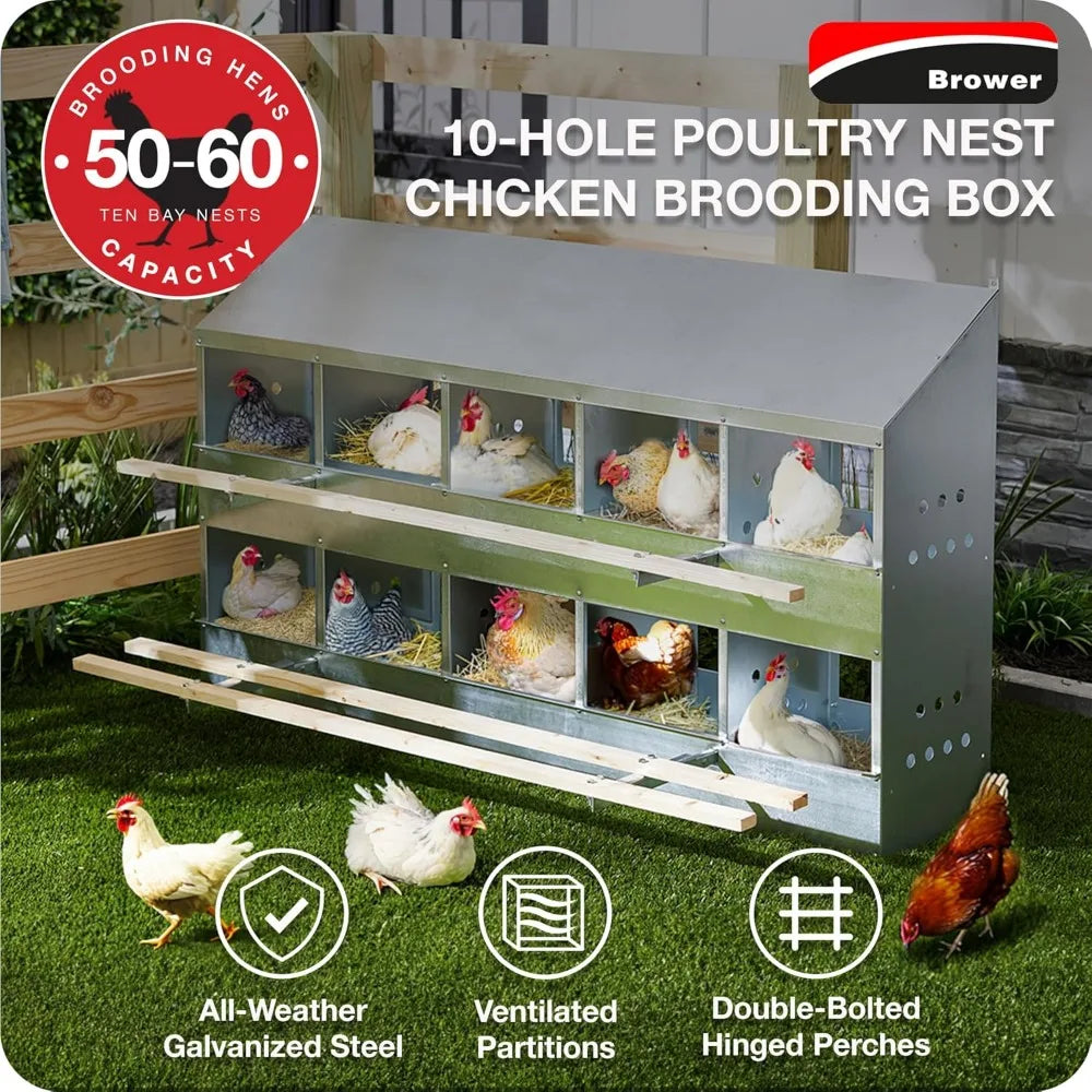 Brower 2-Tier 10-Hole Galvanized Chicken Nesting Box For Outdoor Poultry