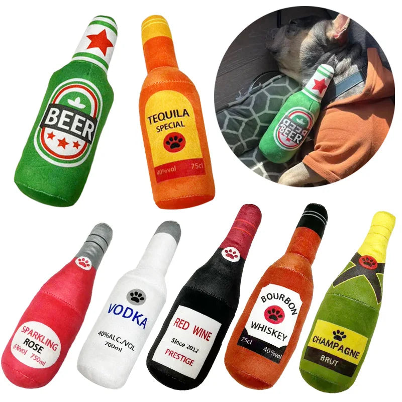 Dog Plush Chew Toys Squeak Beer Bottle Shaped Interactive Toy