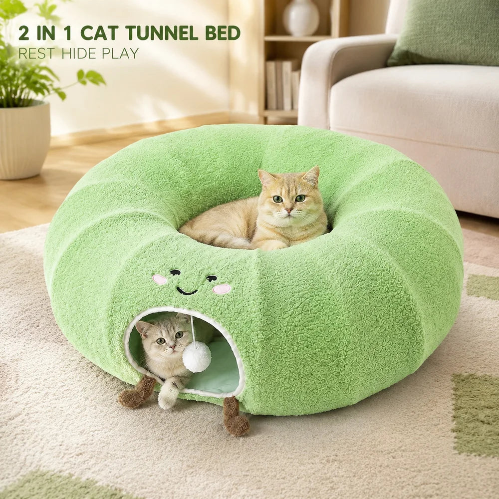 Convertible Cat Tunnel Bed With Plush Cushion And Play Tunnel