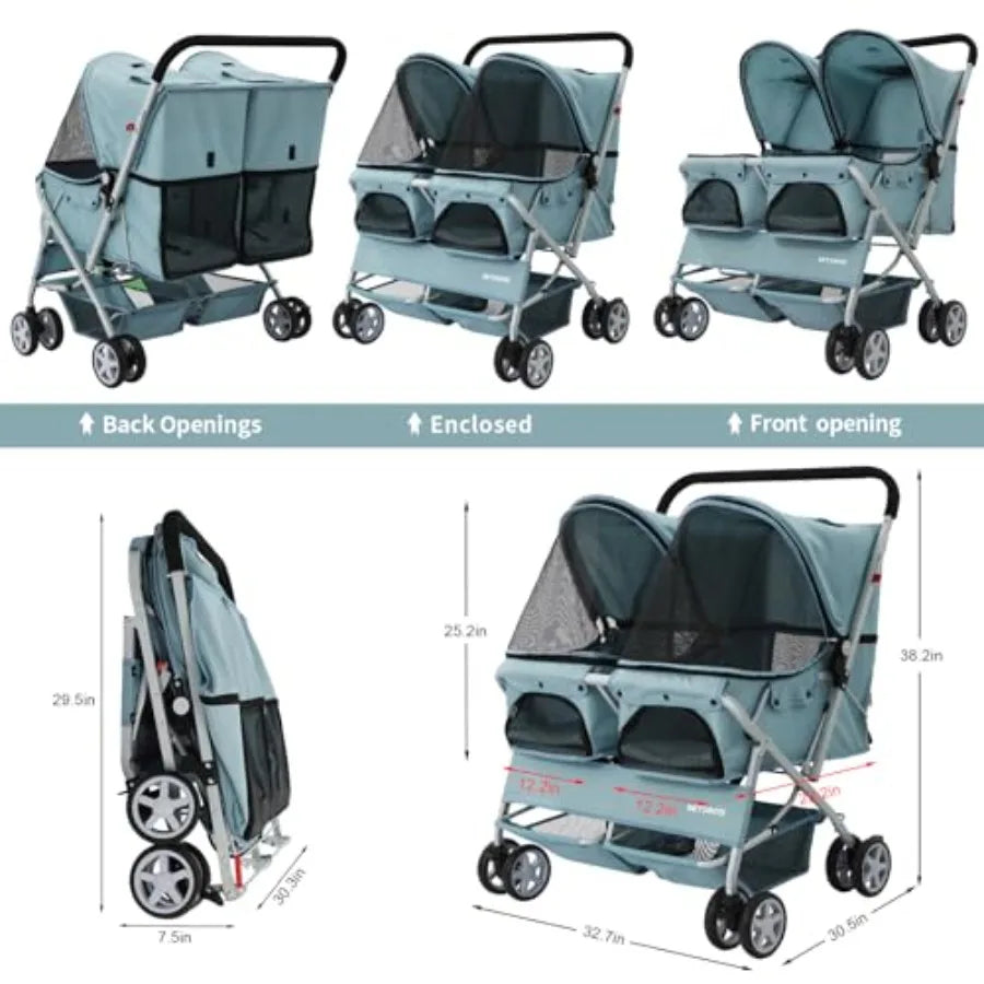 Double Pet Stroller For Two Dogs And Cats With Leashes
