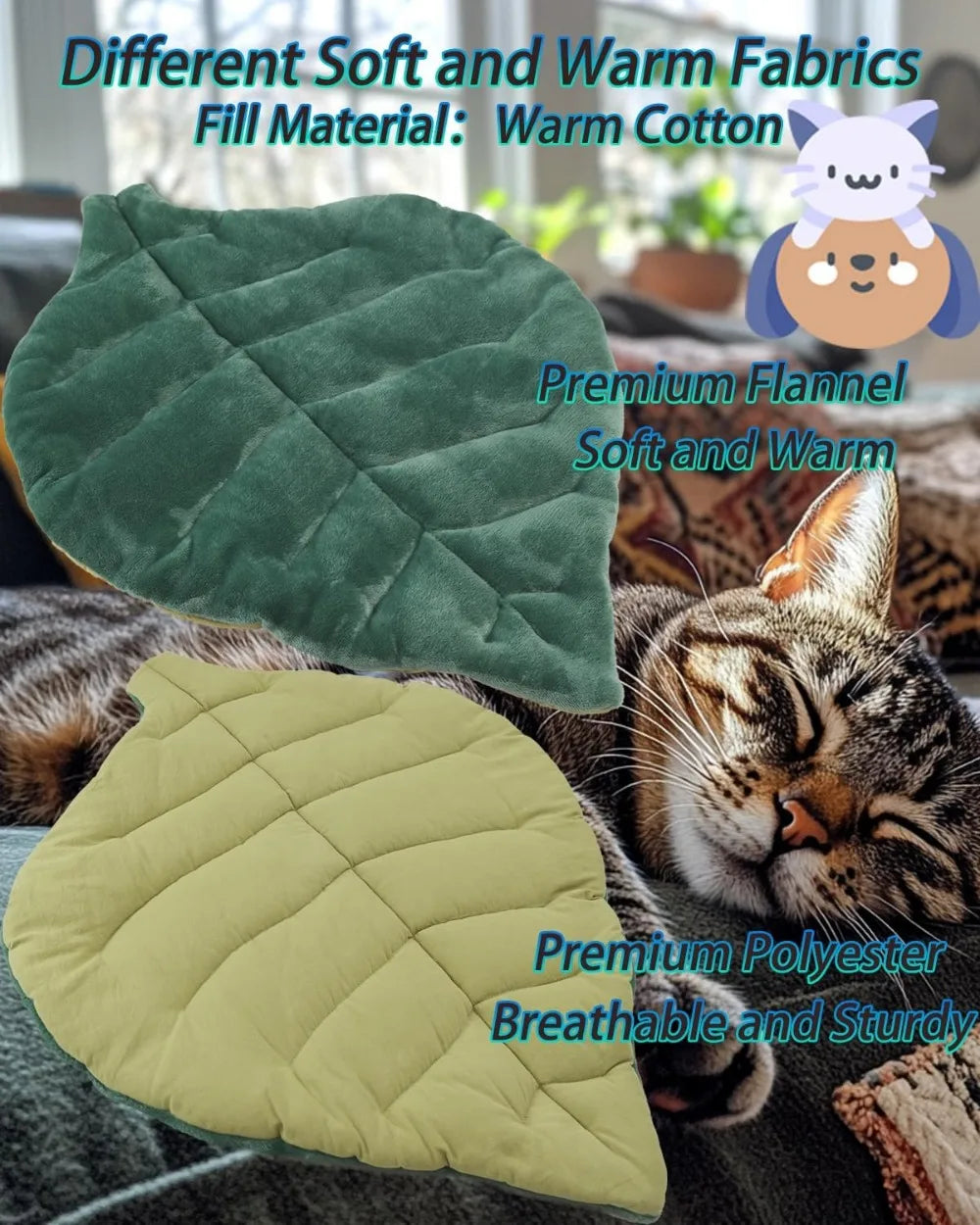 Self Warming Cat Bed Mat Leaf Shape Soft Cotton Flannel