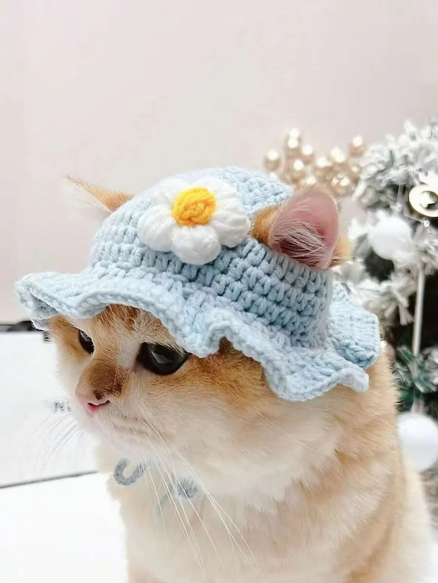 Premium Wool Knitted Pet Hat With Floral Trim For Pets