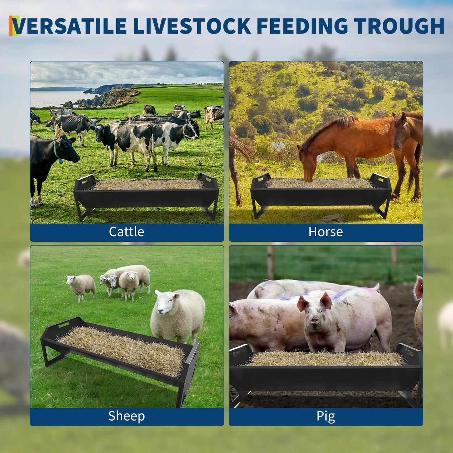 HiMISS Farm Animals Galvanized Steel Rustproof Livestock Feeder Hay Trough