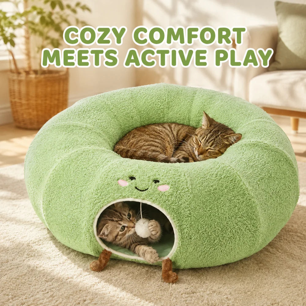 Convertible Cat Tunnel Bed With Plush Cushion And Play Tunnel