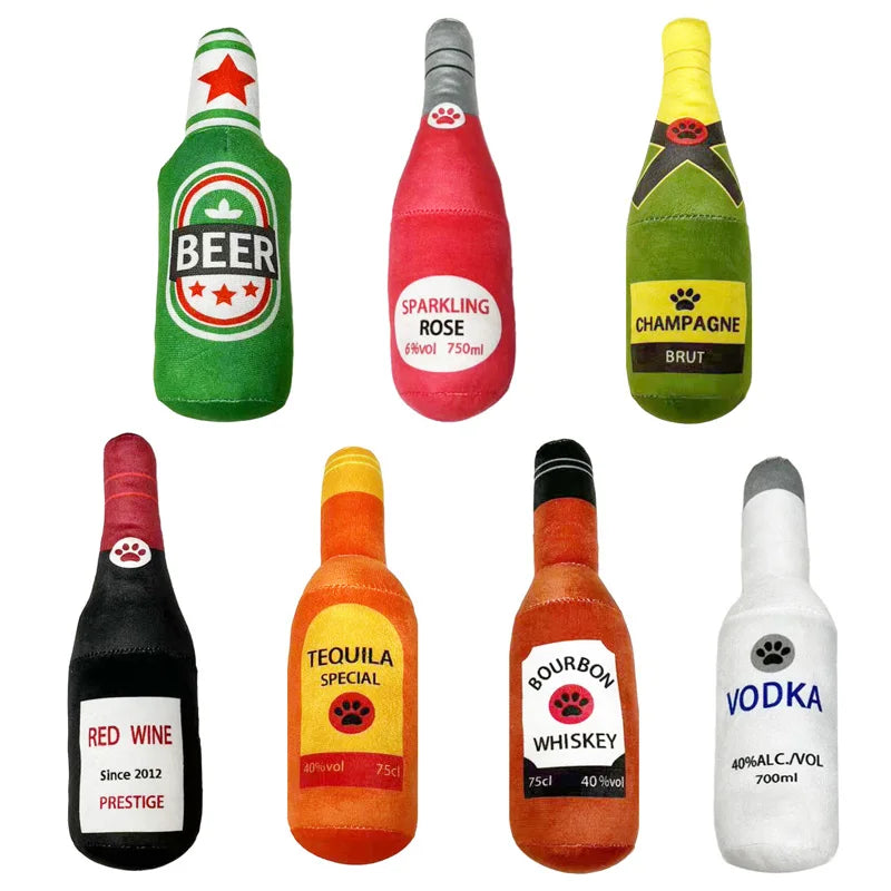Dog Plush Chew Toys Squeak Beer Bottle Shaped Interactive Toy