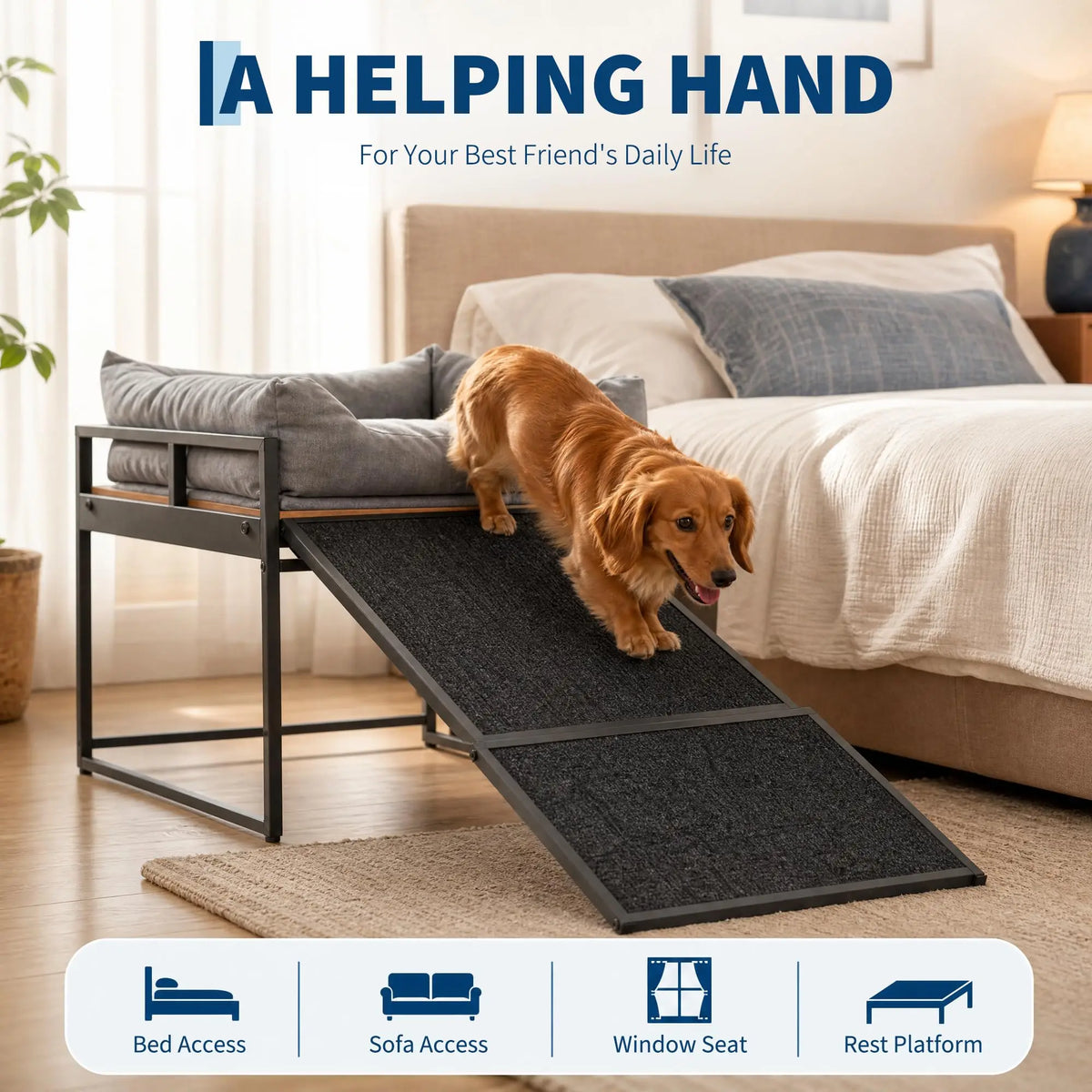 Elevated Dog Bed Platform With Non Slip Ramp And Bolster