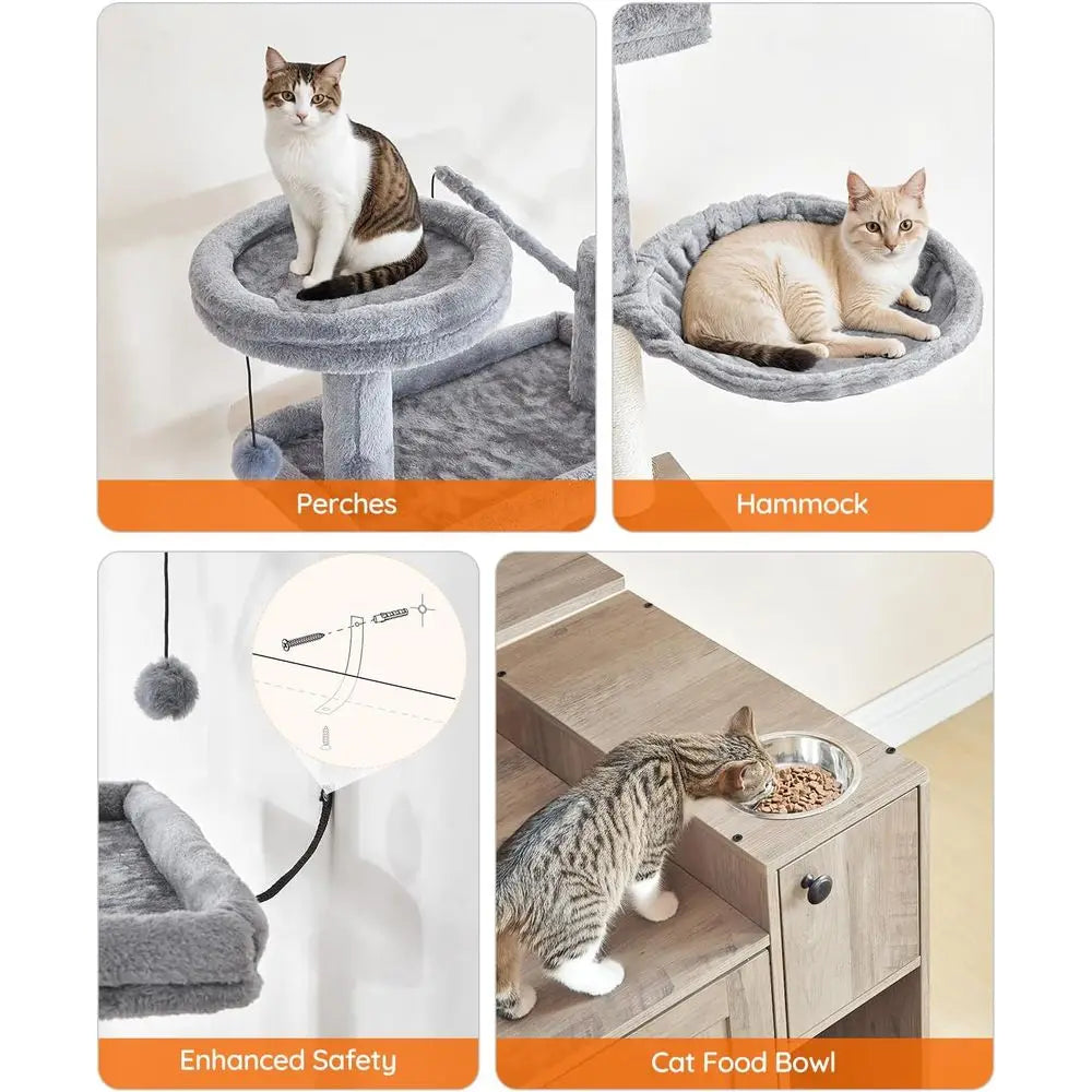 All-in-One Cat Tree With Litter Box Enclosure Food Bowl Storage