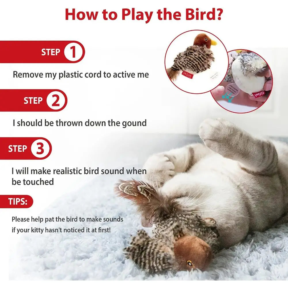 Interactive Chirping Bird Cat Toy With Feather Tail Squeaker