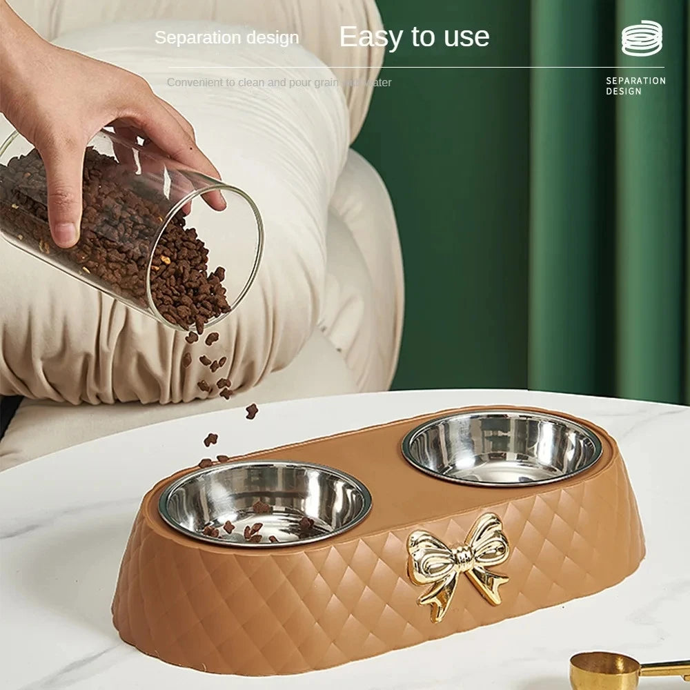 Double Pet Feeding Bowls Set With Plastic Base For Dogs And Cats