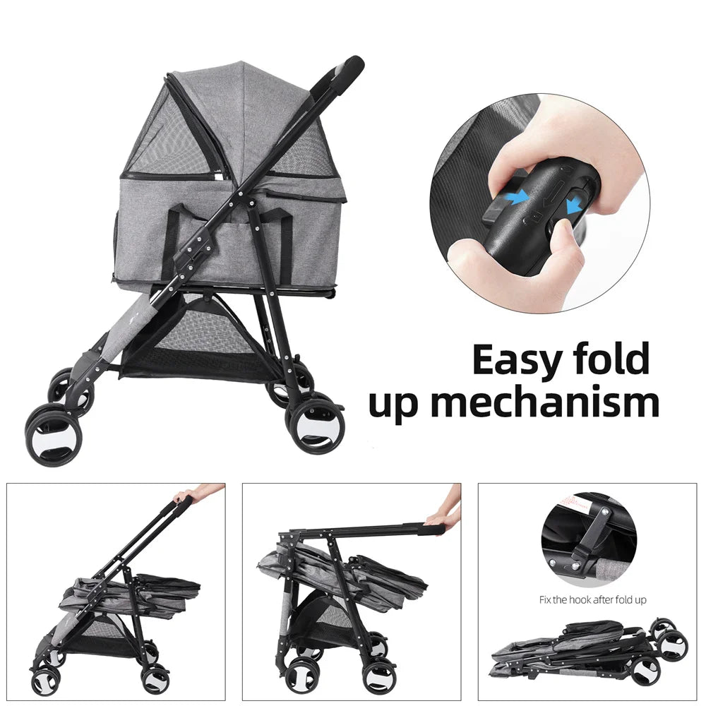 Foldable Pet Stroller Travel Carrier With 360 Wheels And Rain Cover