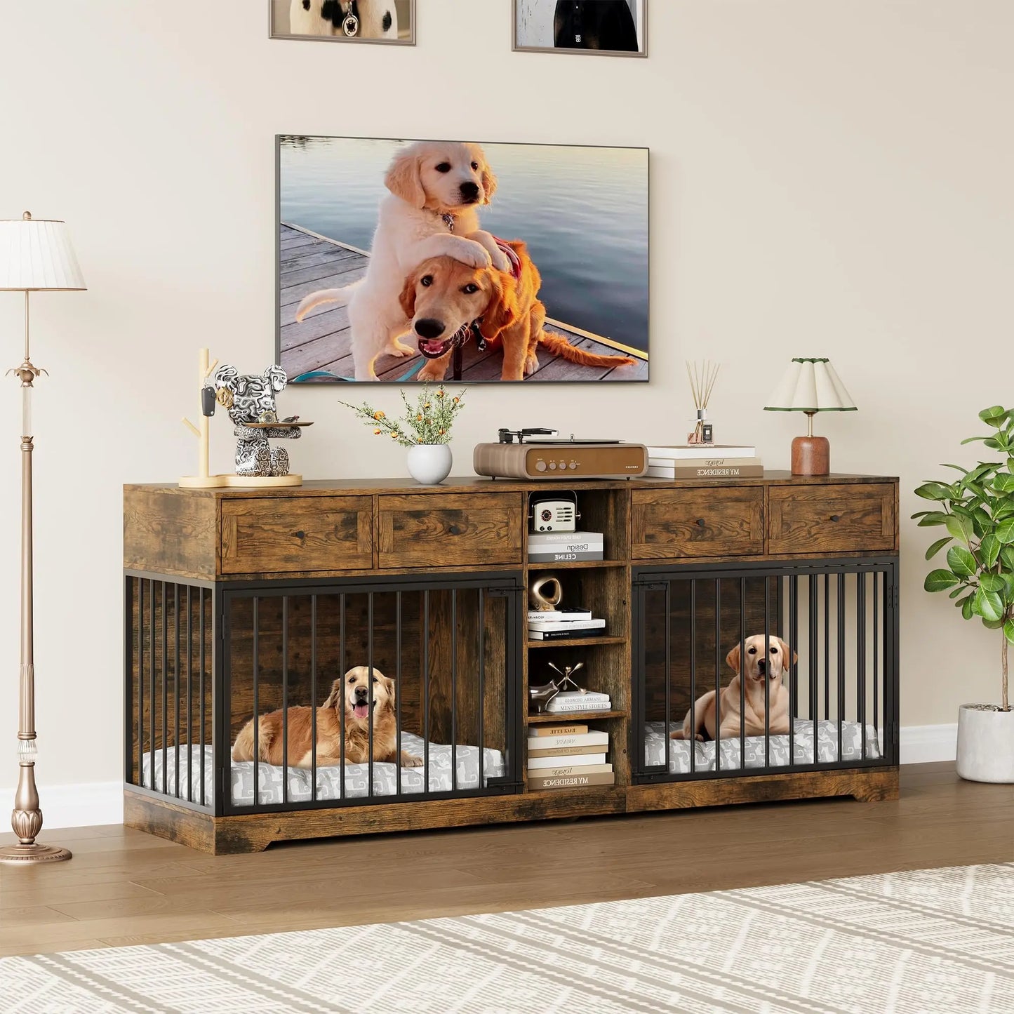 HiMISS Heavy Duty Double Dog Crate Furniture TV Stand