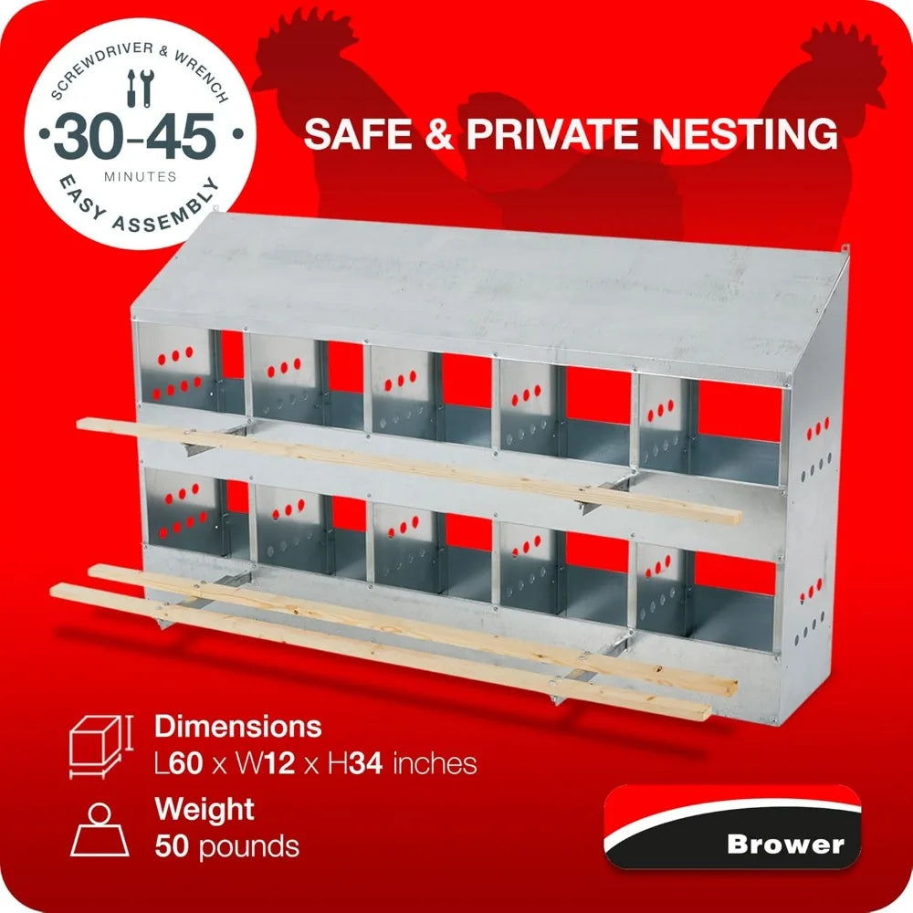 Brower 2-Tier 10-Hole Galvanized Chicken Nesting Box For Outdoor Poultry