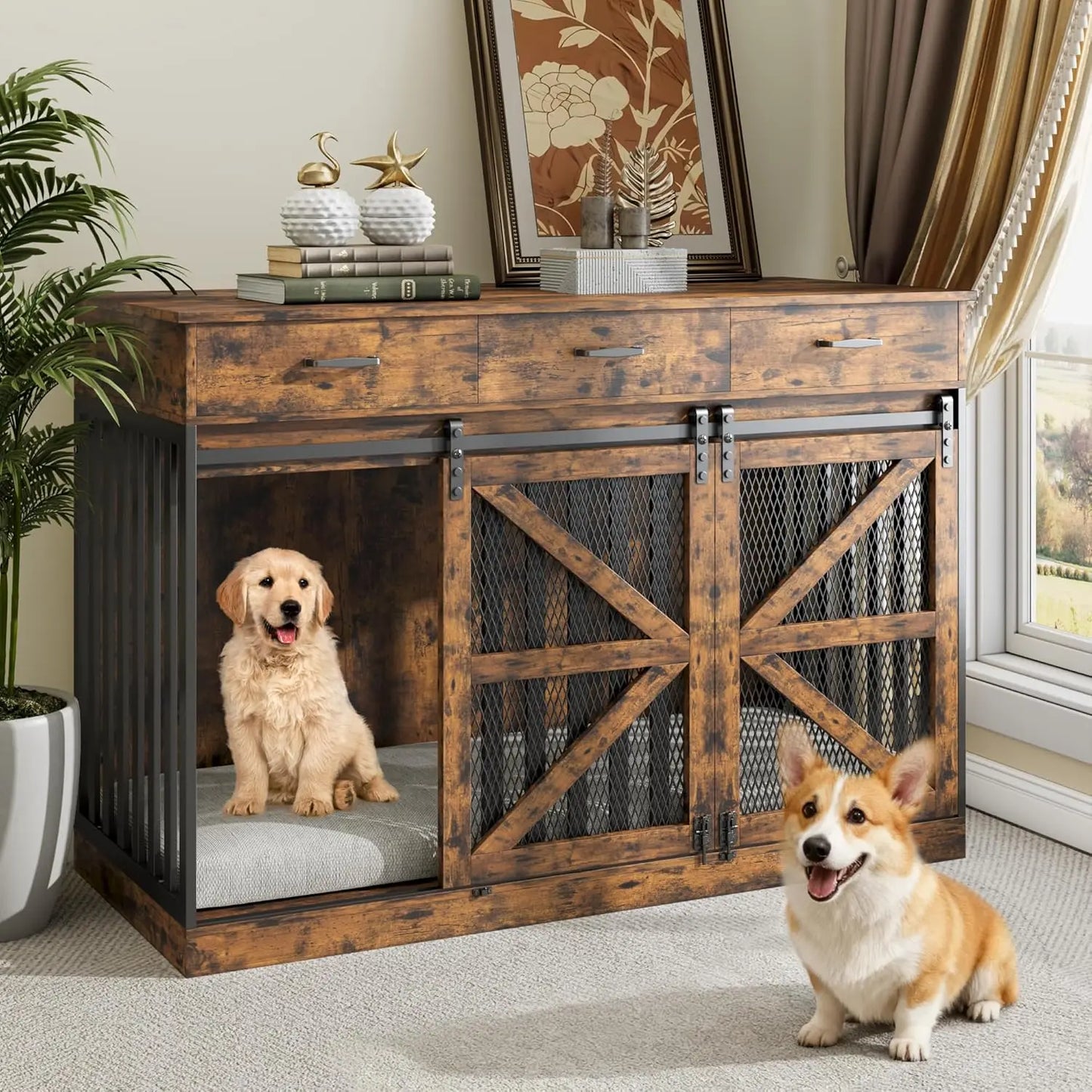 Kepptory Large Dog Crate Furniture With Removable Divider And Storage