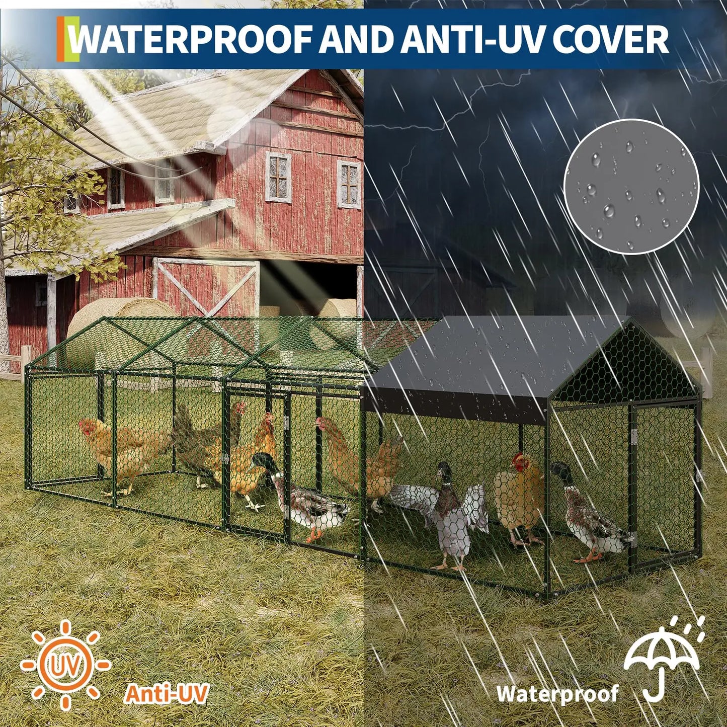 HiMISS Heavy Duty Metal Chicken Coop Walk In With Doors And UV Cover