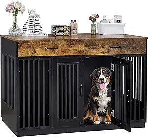 DAFIFY Wooden Dog Crate Furniture With Drawers And Double Door