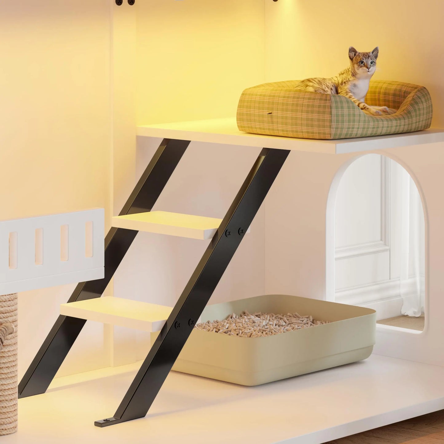 Cat House Litter Box Enclosure With LED Light And Stairs
