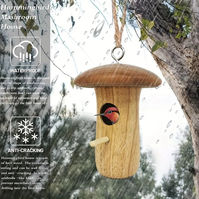 Natural Wooden Hanging Hummingbird House For Outdoor Gardens