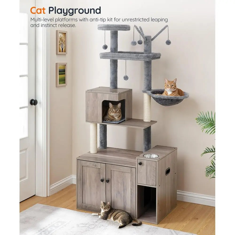 All-in-One Cat Tree With Litter Box Enclosure Food Bowl Storage