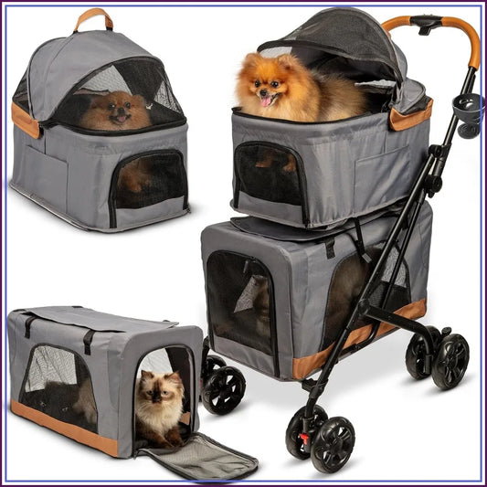 Double Pet Stroller For Two Cats Or Dogs Detachable Carriers