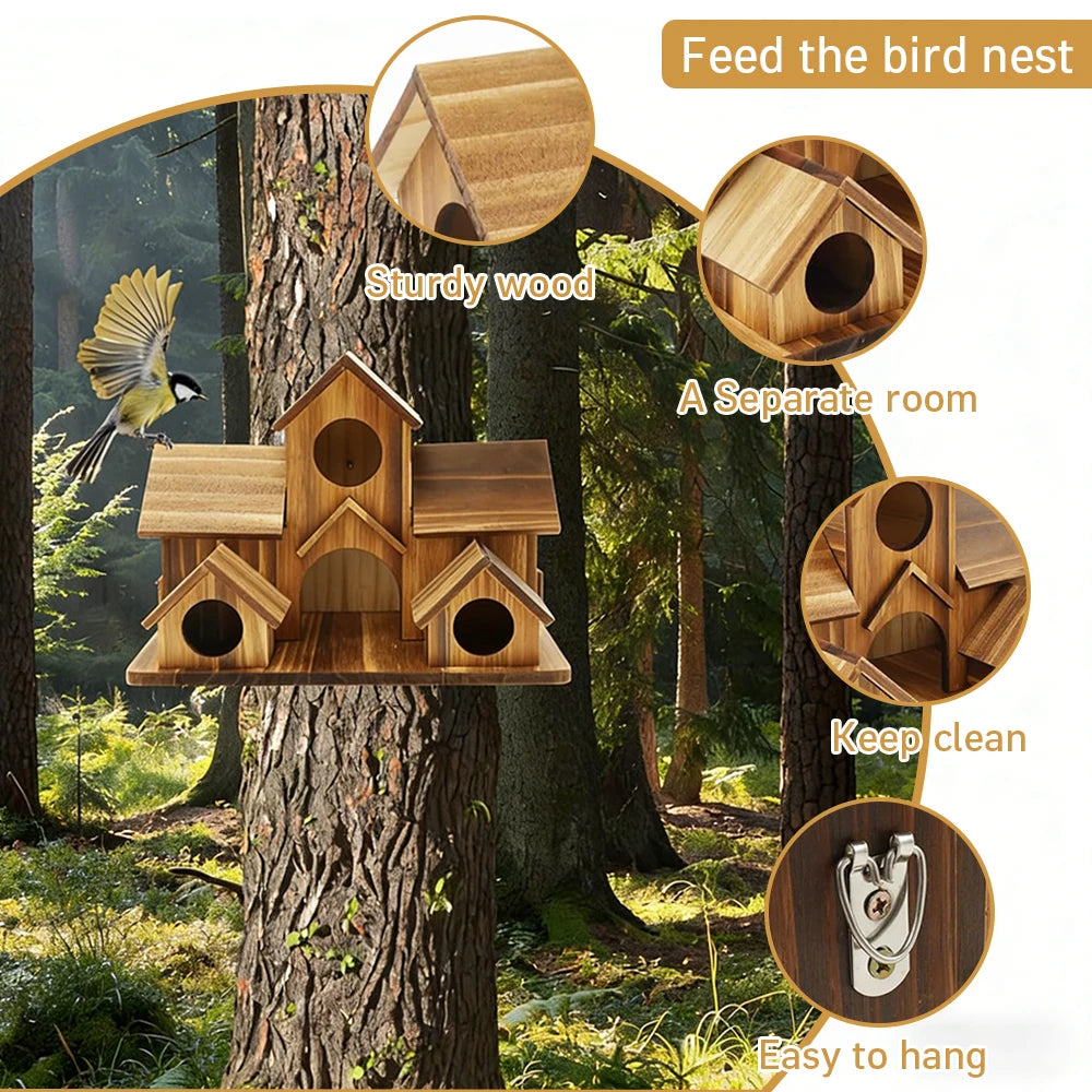 Wooden Five Hole Castle Bird House For Outdoor Garden Decor