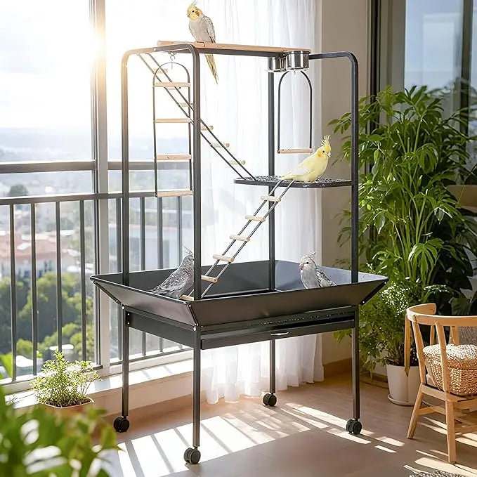 HiMISSCN Parrot Playstand with Wheels Bird Cage Stand and Perches