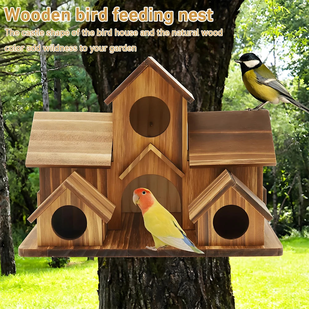 Wooden Five Hole Castle Bird House For Outdoor Garden Decor