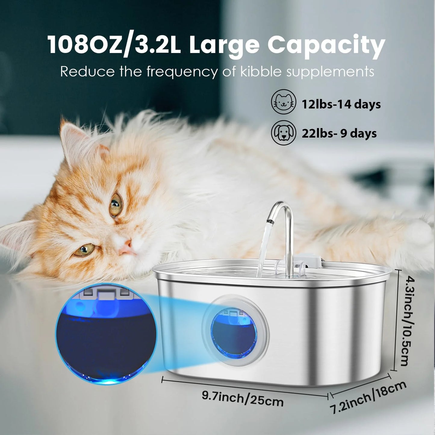 Stainless Steel Cat And Dog Drinking Fountain With Water Level Window