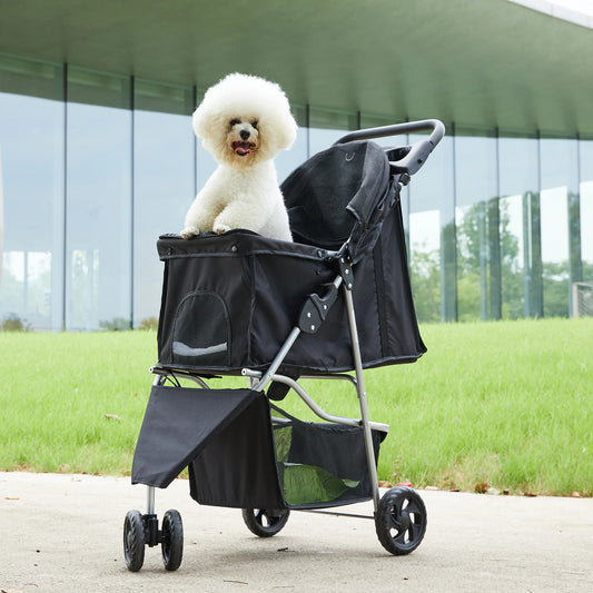 Compact Foldable Pet Stroller For Dogs And Cats With Basket
