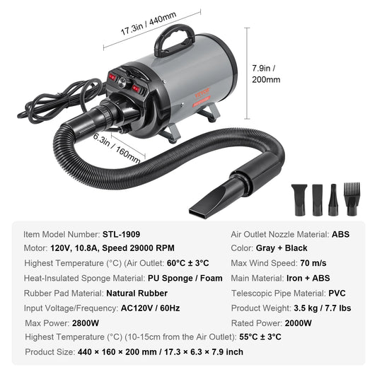 SucceBuy Dog Blow Dryer With Adjustable Speed Temperature And Nozzles