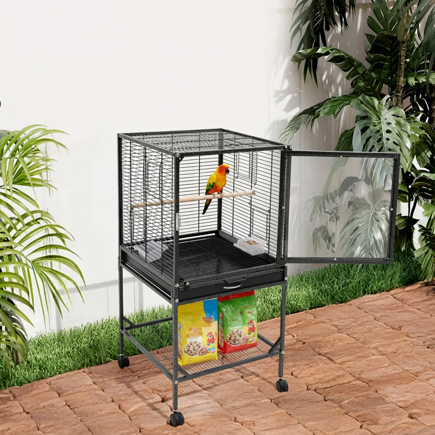 Wrought Iron Bird Flight Cage With Rolling Stand For Parrots