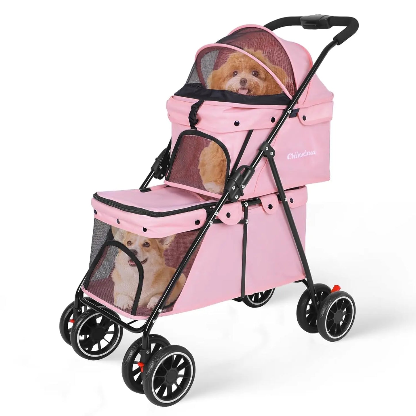 Double Pet Stroller For Two Pets, Lightweight Folding, 4 Wheels