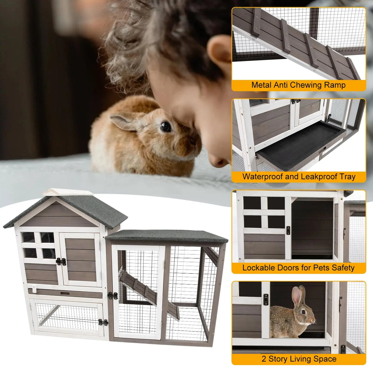 Indoor Outdoor Wooden Rabbit Hutch With Pull Out Cleaning Tray