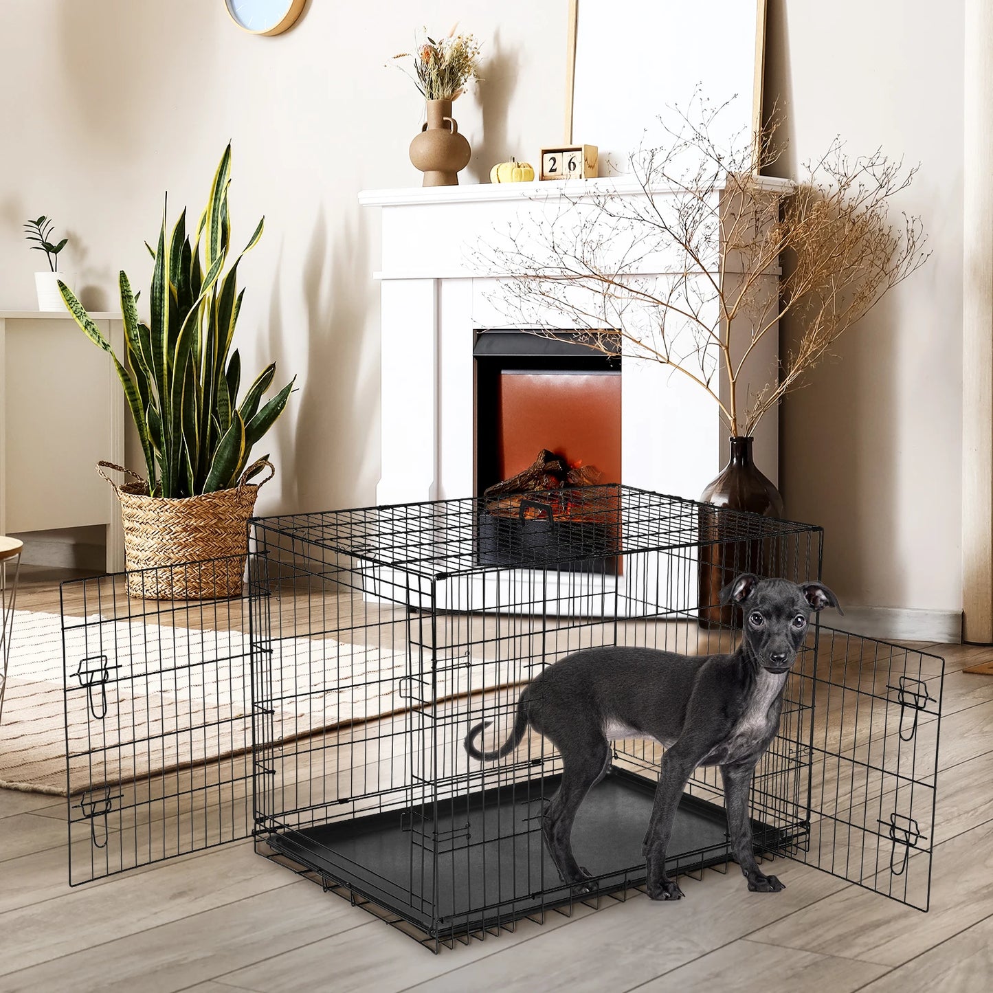 JHK Double Door Folding Metal Wire Dog Cage Leakproof Pan
