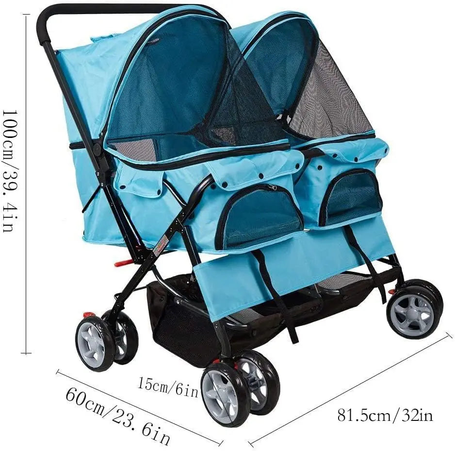 Foldable Twin Pet Stroller for Dogs and Cats Travel