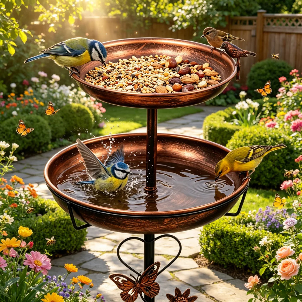 Outdoor Double Layer Bird Bath Feeder With 5 Prong Base