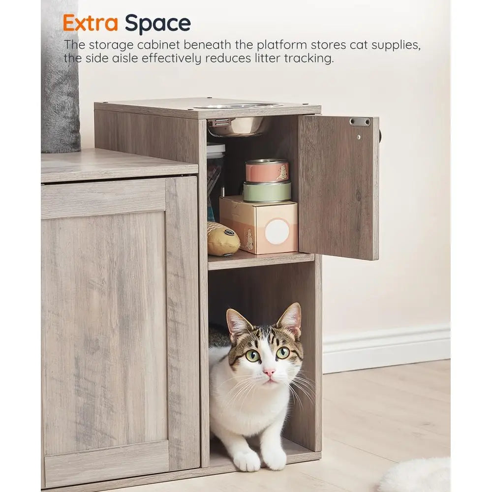 All-in-One Cat Tree With Litter Box Enclosure Food Bowl Storage