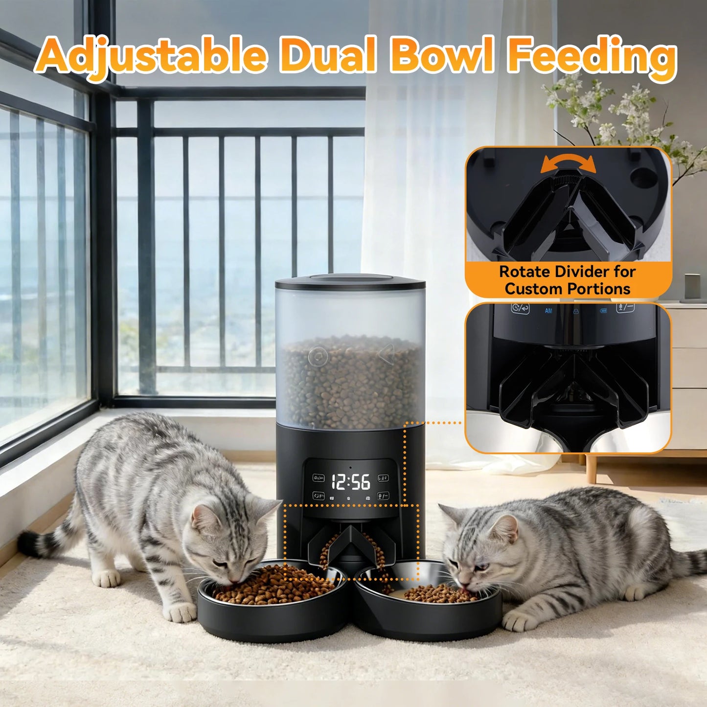 Automatic Cat Feeder With Dual Stainless Bowls And Timed Dispenser