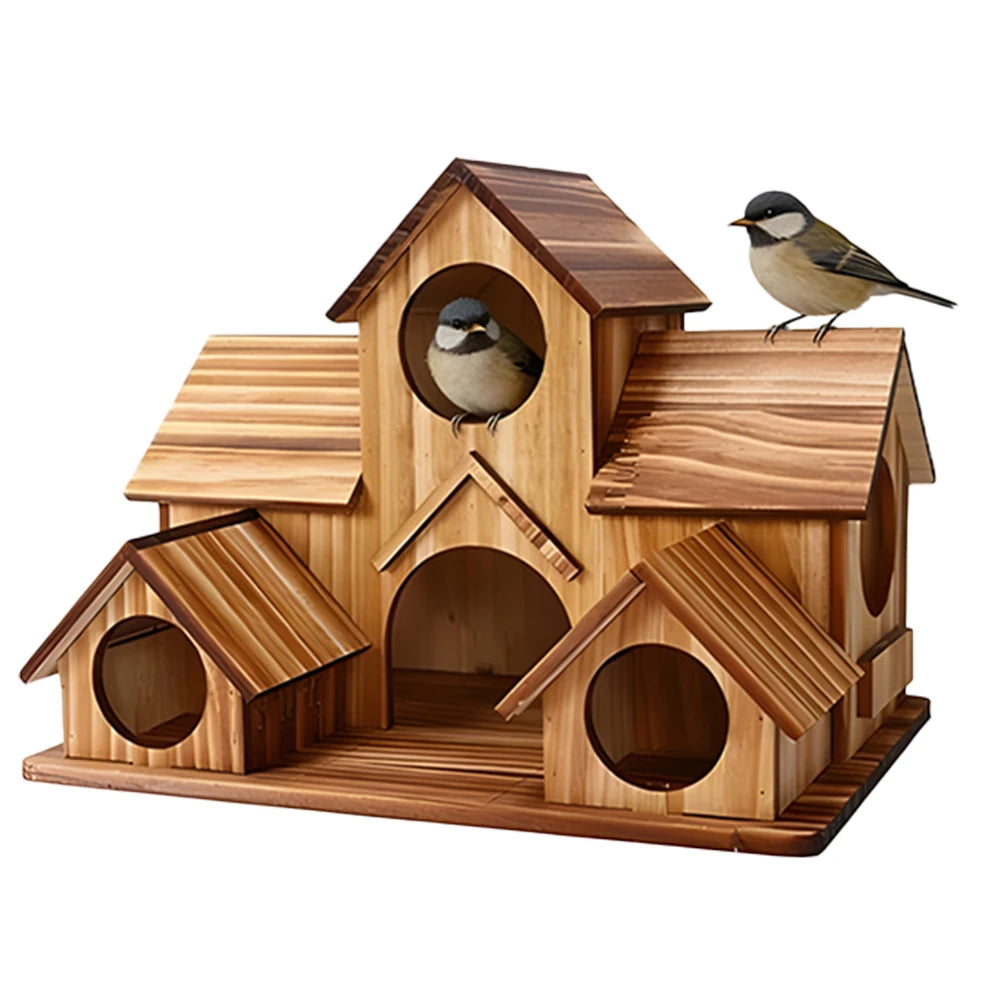 Wooden Five Hole Castle Bird House For Outdoor Garden Decor