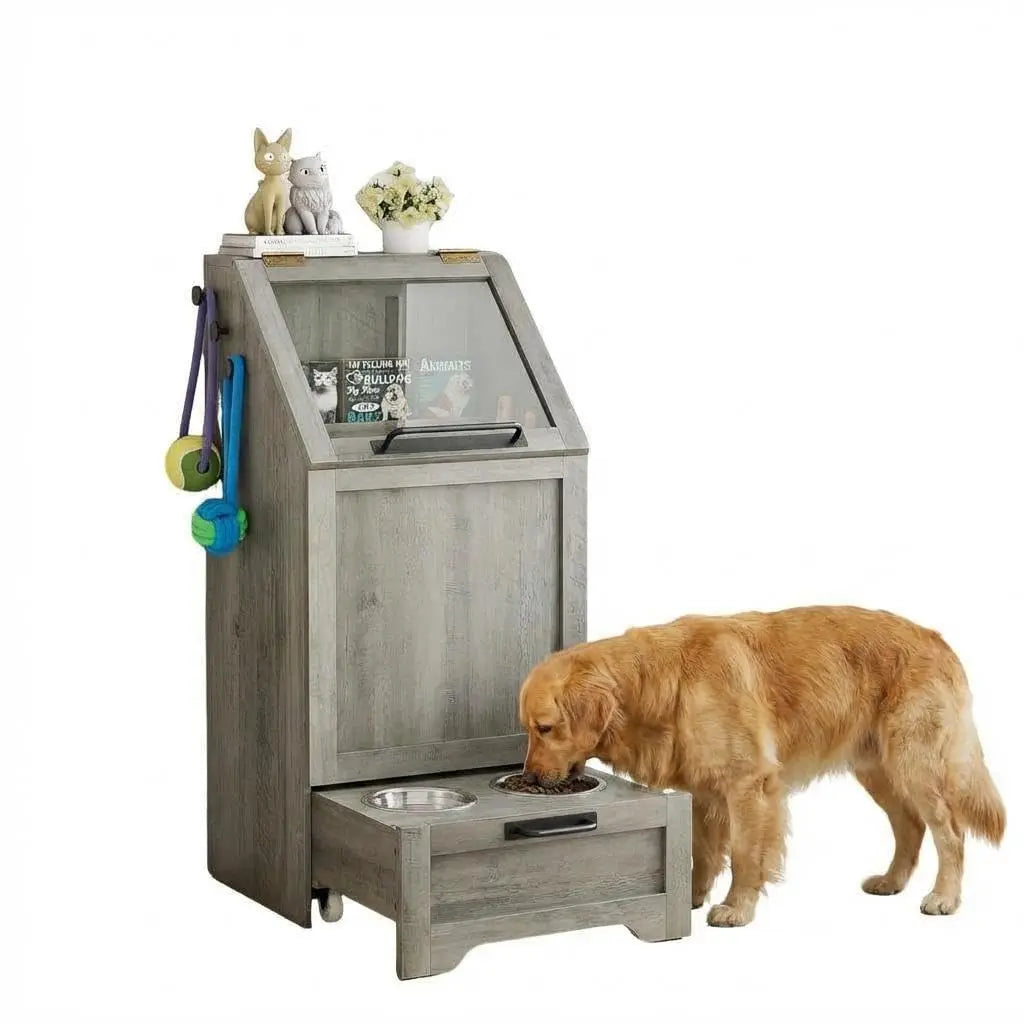 HiMISS Dog Feeding Station With Storage Cabinet And Raised Bowls